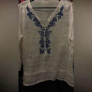 White Blouse with Blue Embroidery